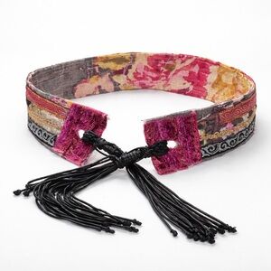 Artisan Floral Tapestry Tie Belt Pink and Black & Gold Accents Handmade Signed